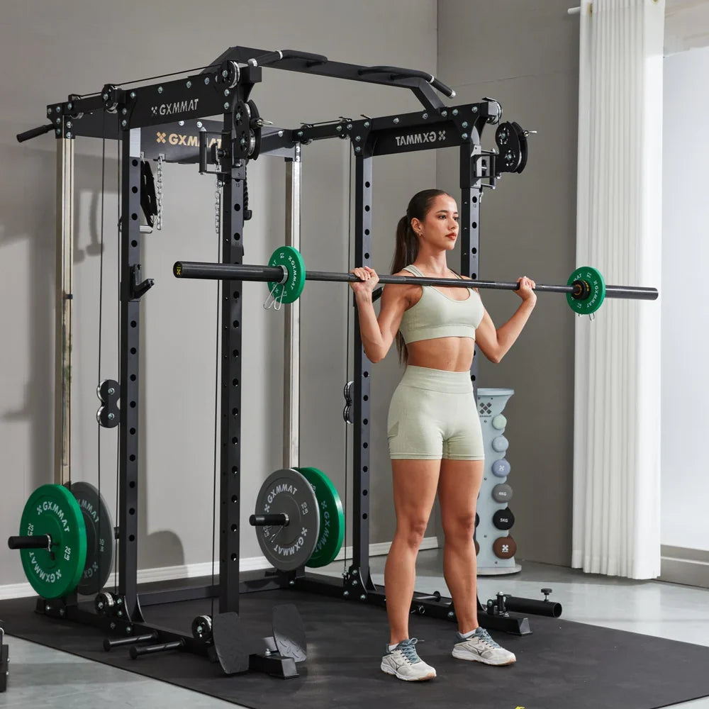 Woman doing a barbell back squat in a GXMMAT power rack