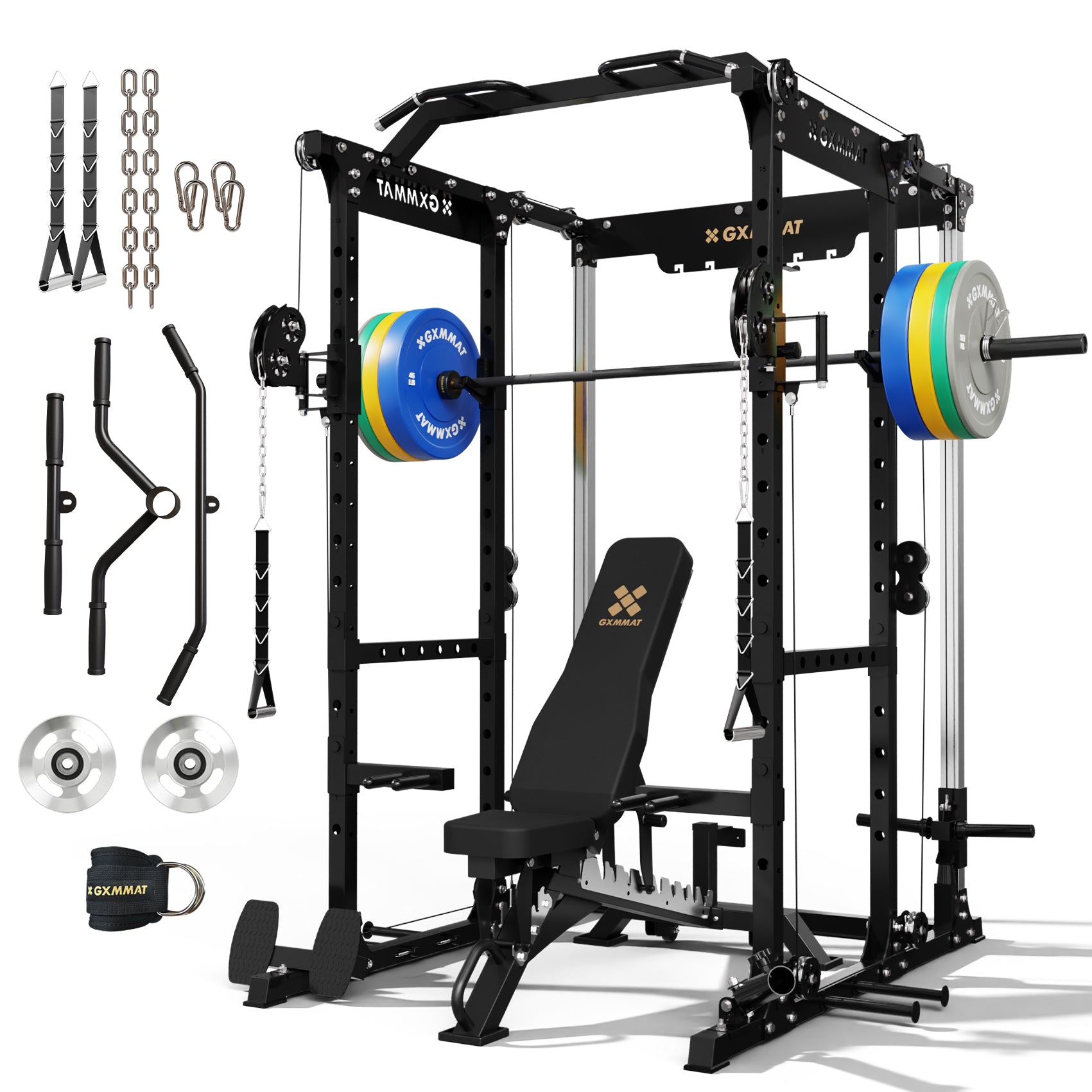 GXMMAT X6 Power Rack #package_power rack + weight bench + barbell + bumper plate set(230lbs)