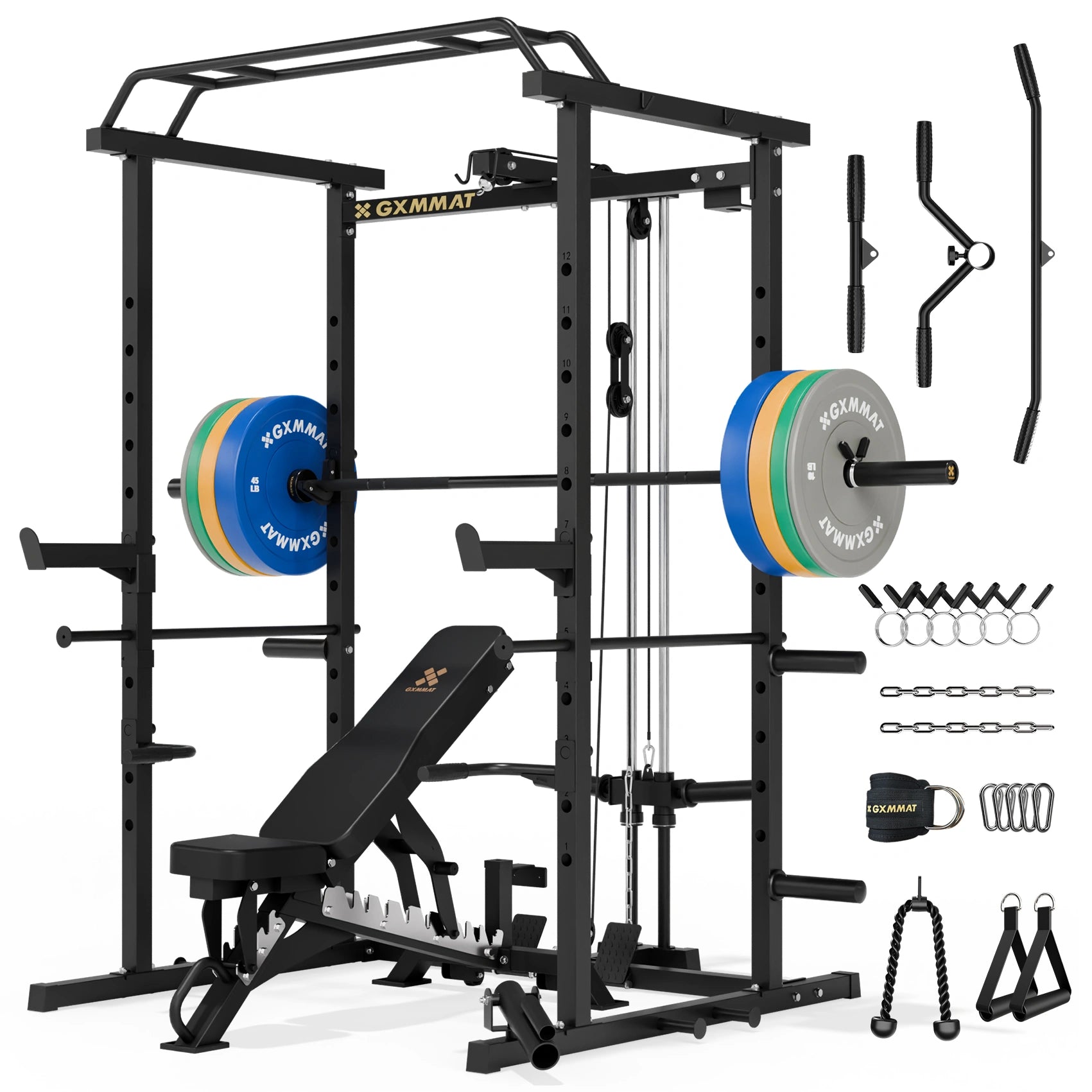 GXMMAT_G5_Power_Rack_Weight_Bench_Barbell_Bumper_Plate_Set_230lbs_Package_Black #color_black
