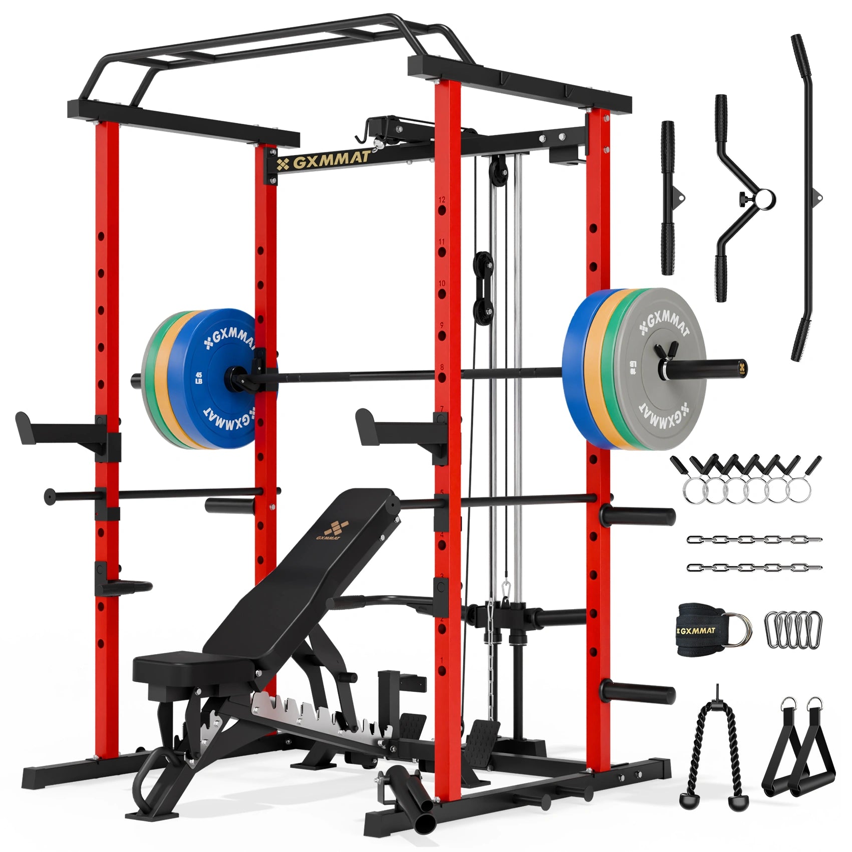 GXMMAT_G5_Power_Rack_Weight_Bench_Barbell_Bumper_Plate_Set_230lbs_Package_Black #color_red