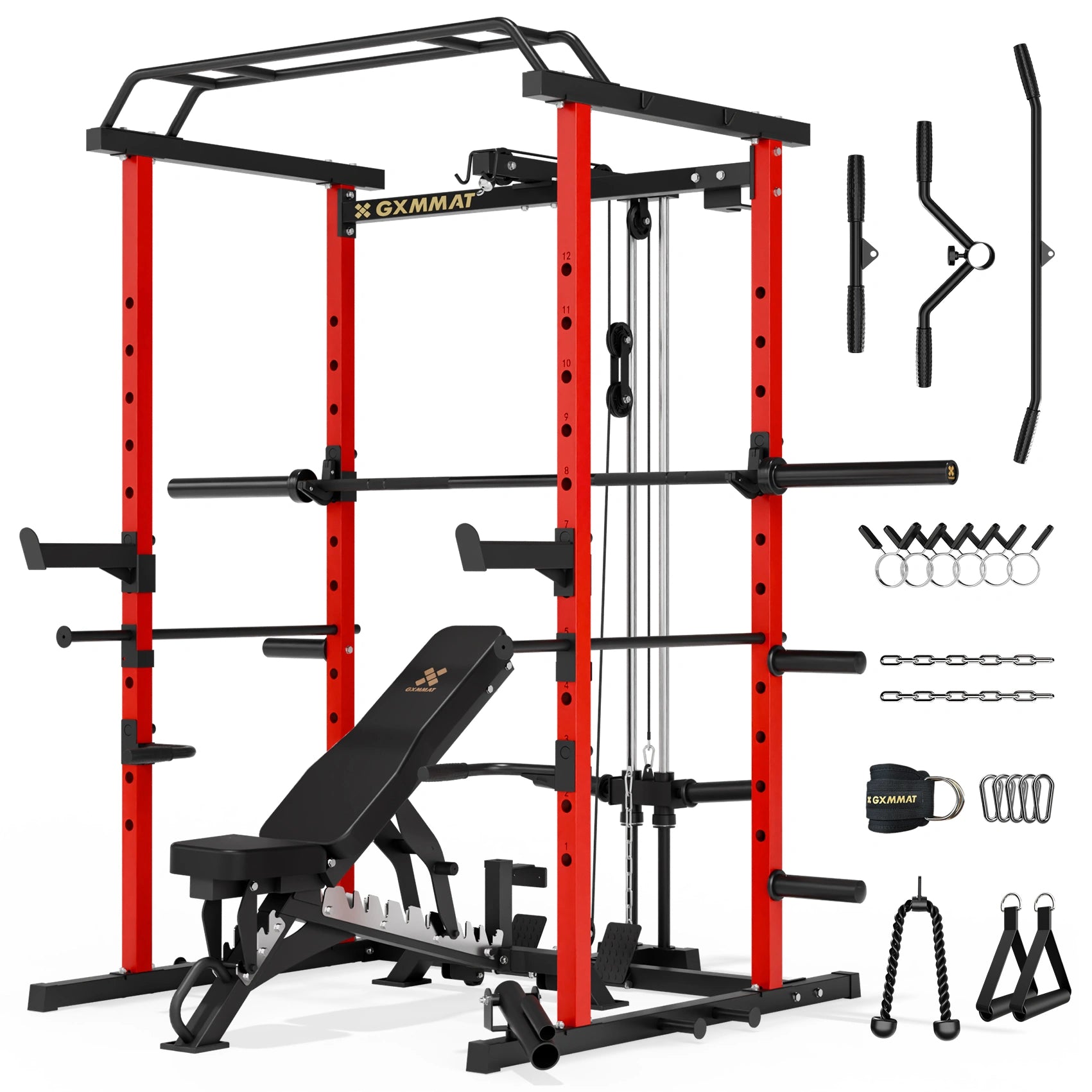 GXMMAT_G5_Power_Rack_Weight_Bench_Barbell_Package_Black #color_red
