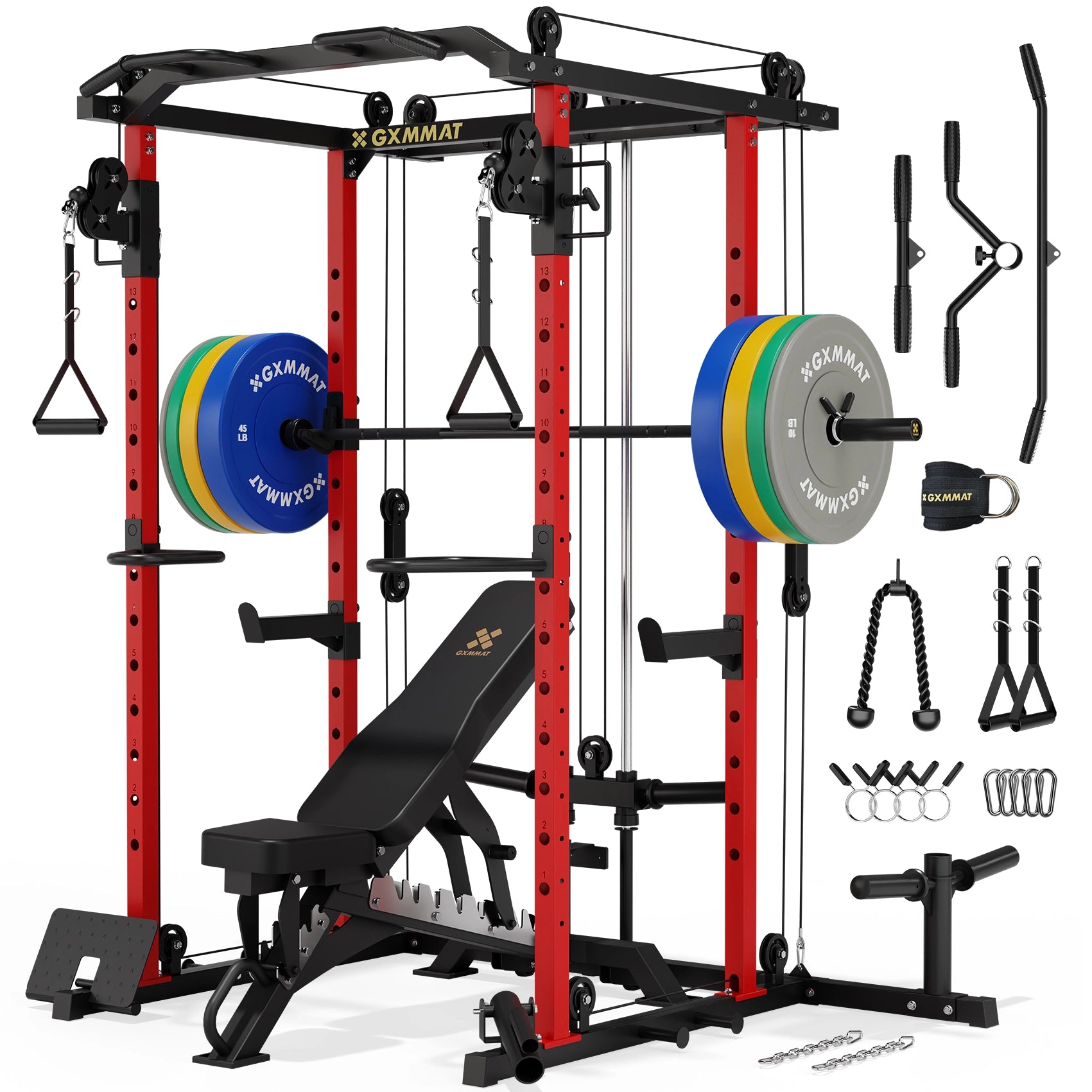 GXMMAT V6 Power Rack_Weight Bench_Barbell_Bumper Plate Set_230lbs_Package Red #color_red