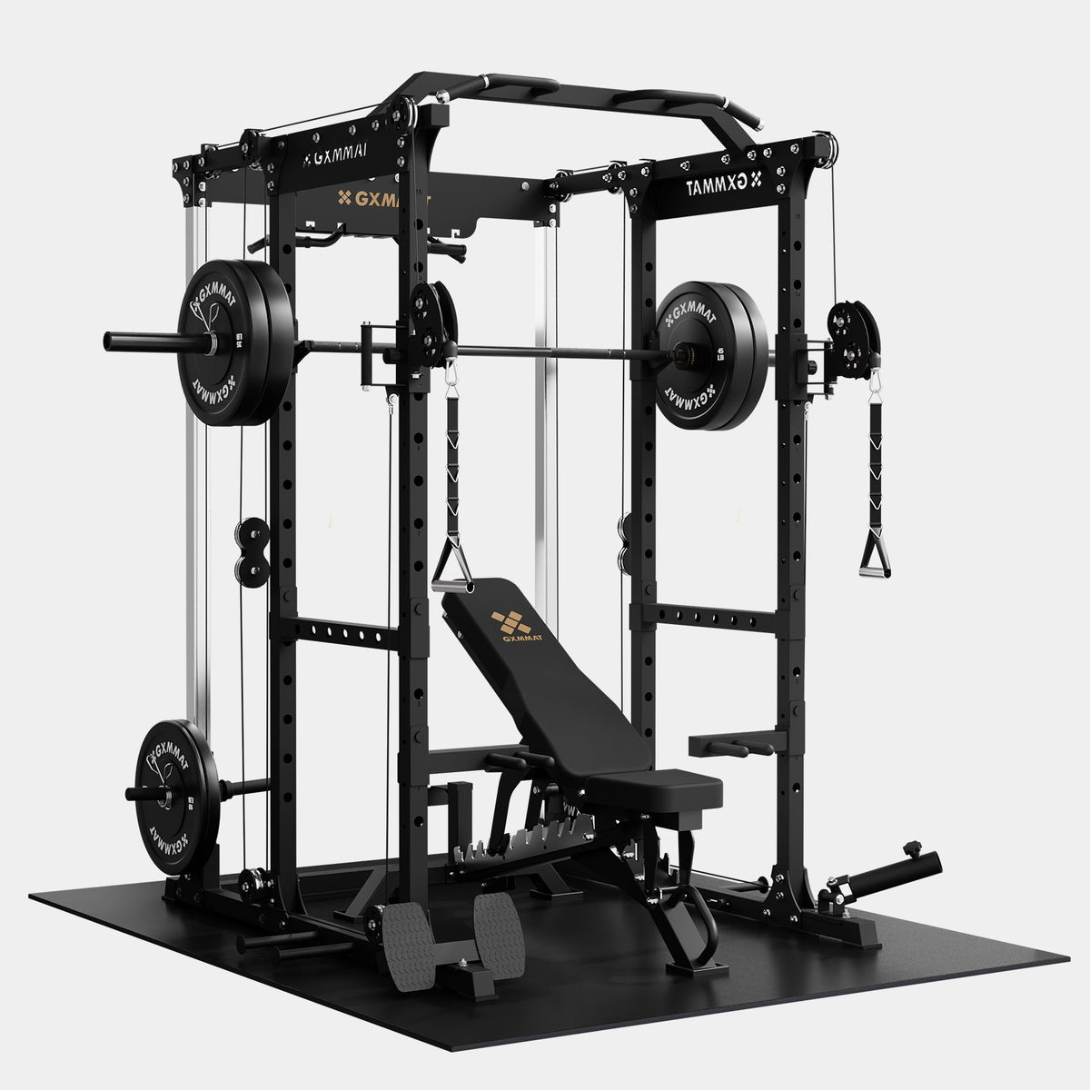 GXMMAT X6 power rack with cable system, barbell and adjustable bench