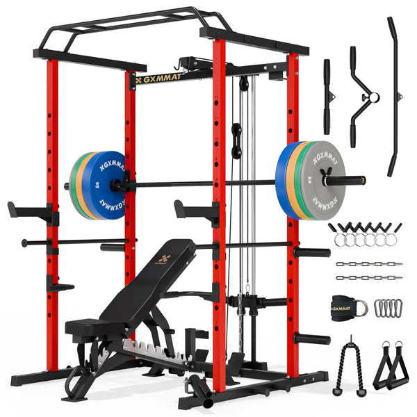 GXMMAT_G5_Power_Rack_Weight_Bench_Barbell_Bumper_Plate_Set_230lbs_Package_Black #color_red