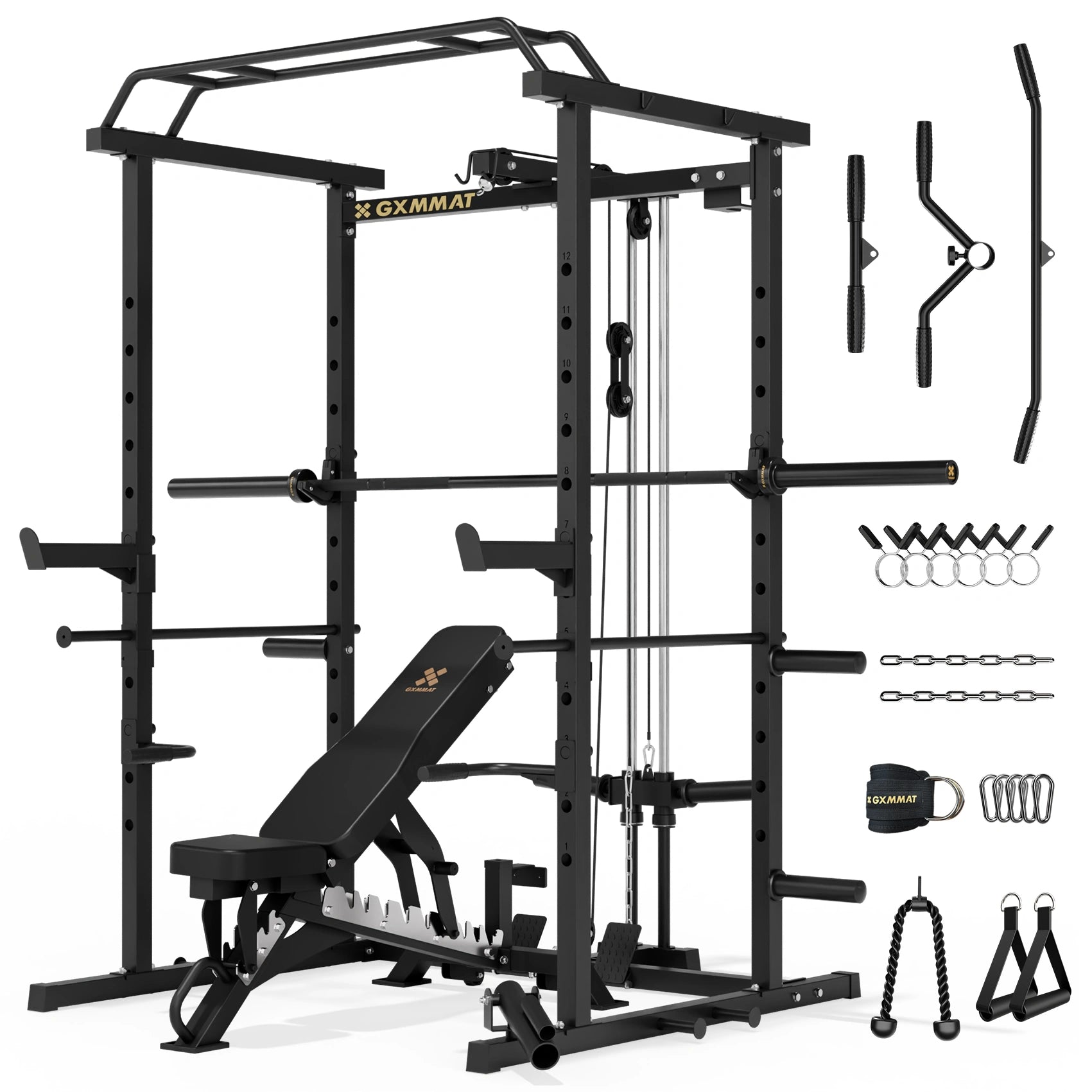 GXMMAT_G5_Power_Rack_Weight_Bench_Barbell_Package_Black #color_black