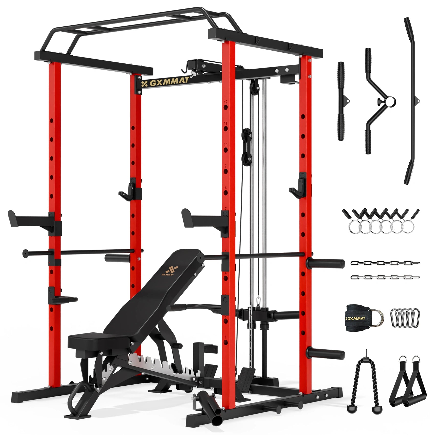 GXMMAT_G5_Power_Rack_Weight_Bench_Package_Black #color_red