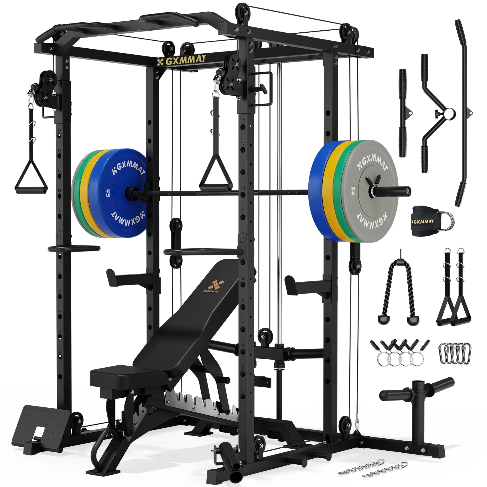 GXMMAT_V6_Power_Rack_Weight_Bench_Barbell_Bumper_Plate_Set_230lbs_Package_Black #color_black