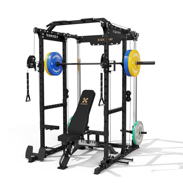 GXMMAT X6 Power Rack + Weight Bench + Barbell + Bumper Plate Set (230lbs) Package