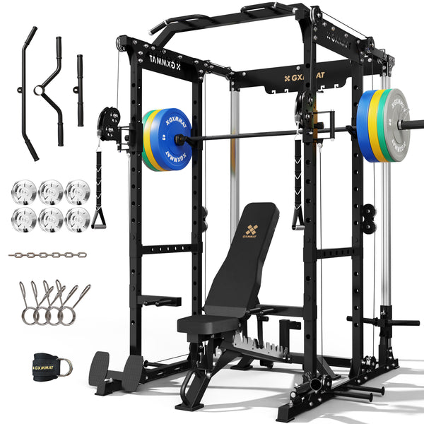 GXMMAT X6 Power Rack + Weight Bench + Barbell + Bumper Plate Set (230lbs) Package